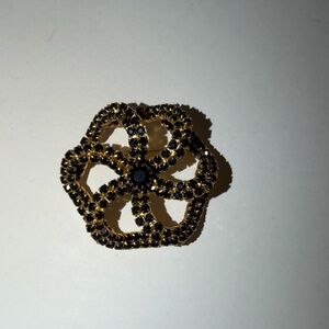 Vtg Gorgeous Black Rhinestone & Gold-Tone Dome Flower Brooch